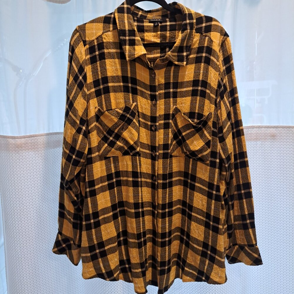 Torrid Yellow & Black Plaid Crinkle "Flannel" Button Up Tunic Shirt- Size 3